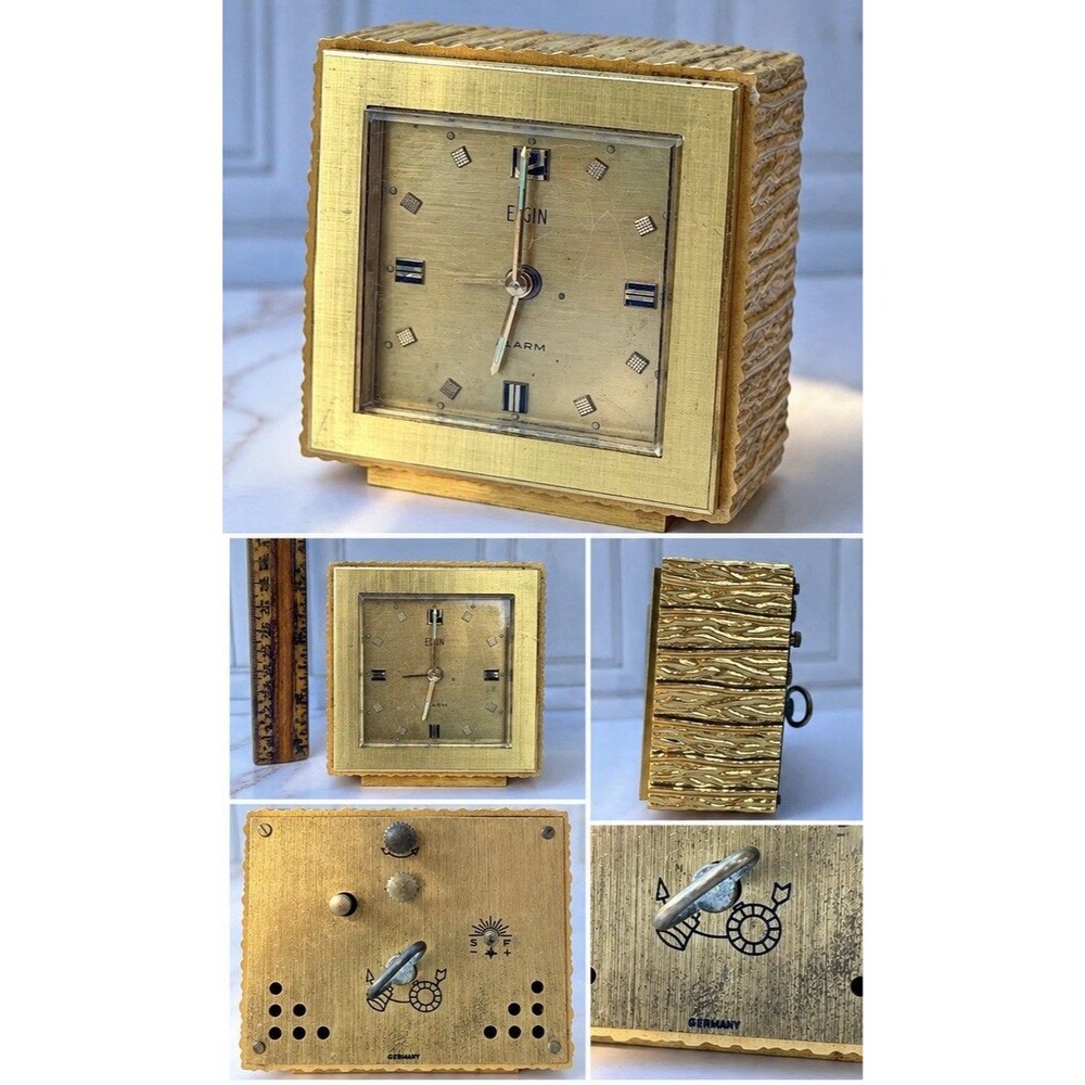 Rare Vintage Elgin Solid Brass Wind Up Alarm Clock Germany MCM Working Heavy